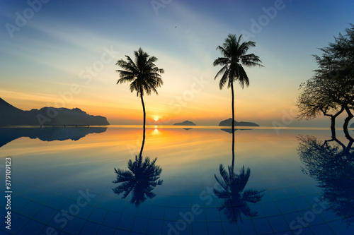 Fototapeta Naklejka Na Ścianę i Meble -  Silhouette of coconut trees agains sunrise off of the sea