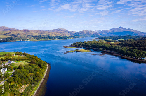Photography aerial view of the falls of lora near connel, connel bridge and oban in the argy