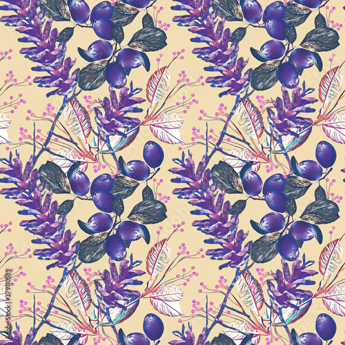 Floral seamless pattern  pine cone  grapes and berries.