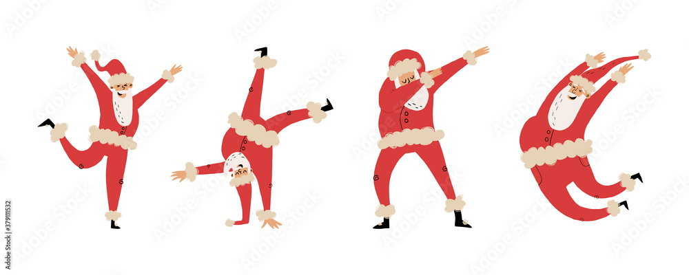 Set of happy dancing Santa Clauses in various pas like dabbing, jumping with hand up, break dance. Set of happy dancing Santa Clauses in various pas like dabbing, jumping with hand up, break dance.
