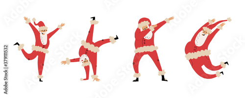Set of happy dancing Santa Clauses in various pas like dabbing, jumping with hand up, break dance.