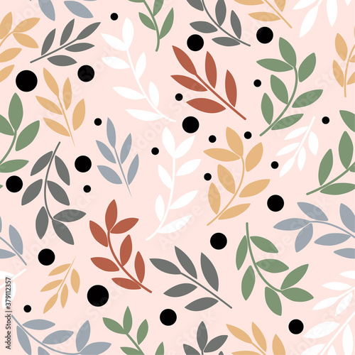 Seamless pattern with floral accents colored leaves pink background