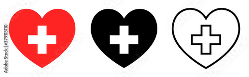 Set of Hearts with a cross vector icons. Healthcare, Medical symbols isolated on white background. Flat style for graphic, web design.