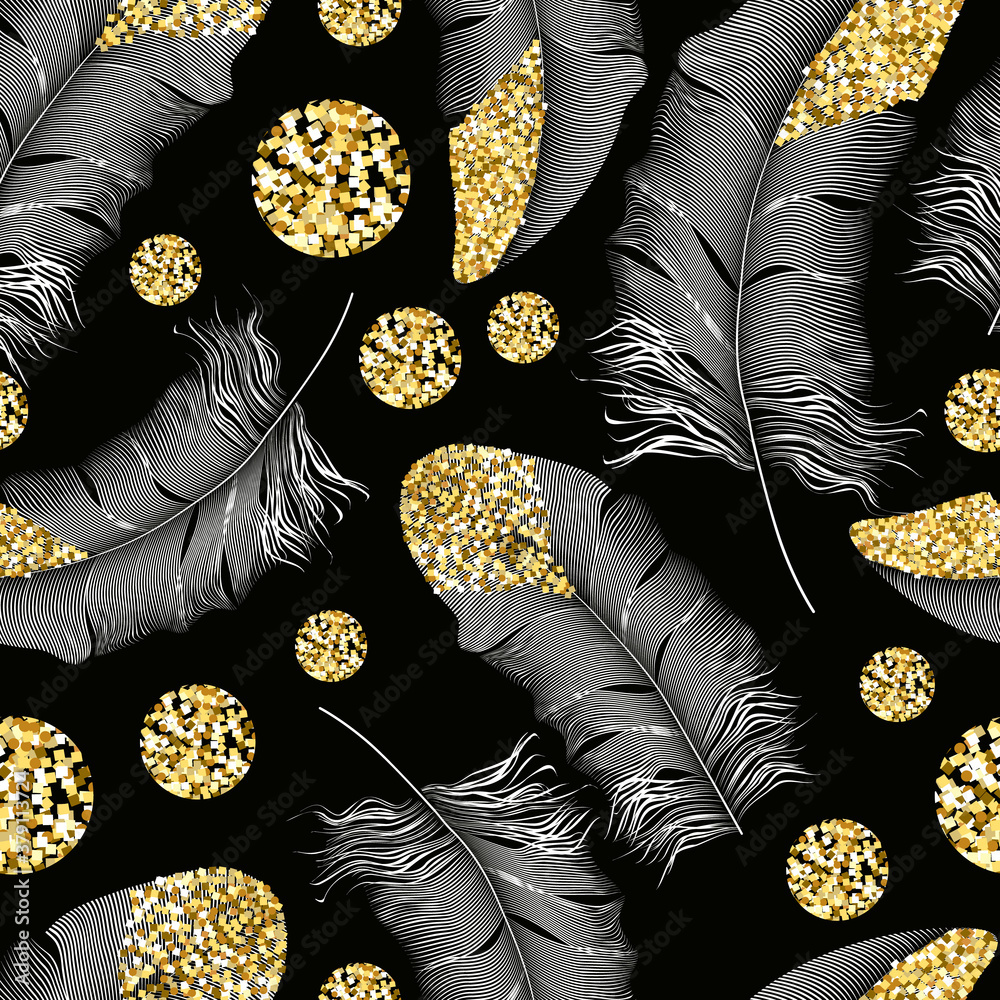 Vector black and gold feathers collection, set of different falling fluffy twirled feathers on a