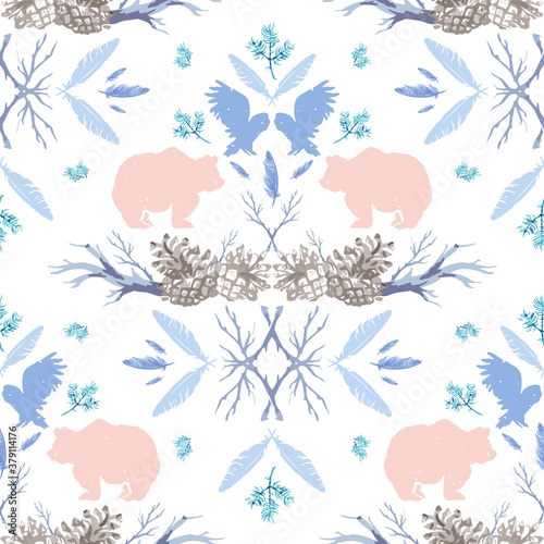 Hand-drawn forest silhouettes seamless pattern with animals: bear, owl