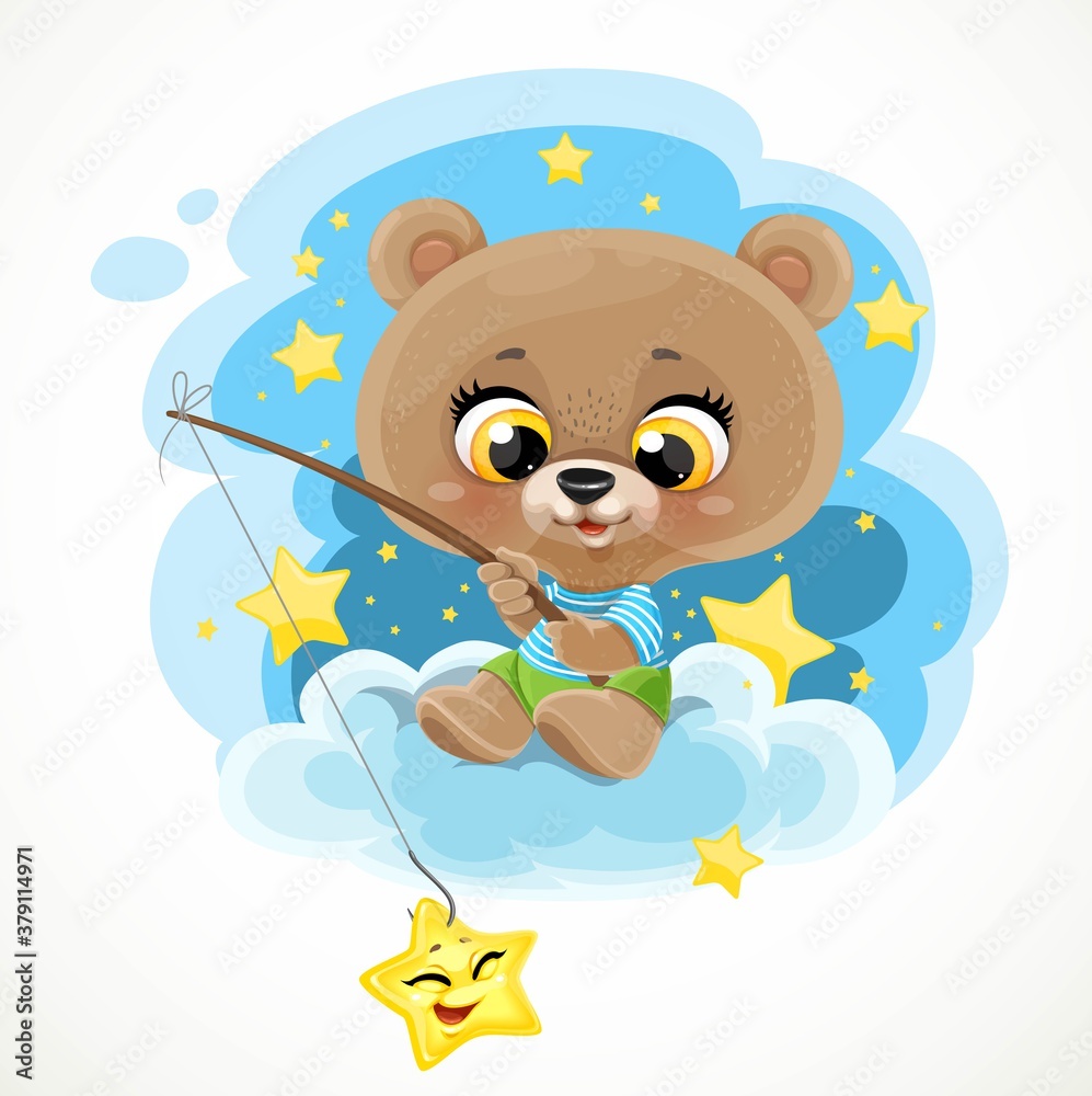 Cute cartoon baby bear sitting on cloud with a fishing rod catches stars  against background of the night sky Stock Vector | Adobe Stock