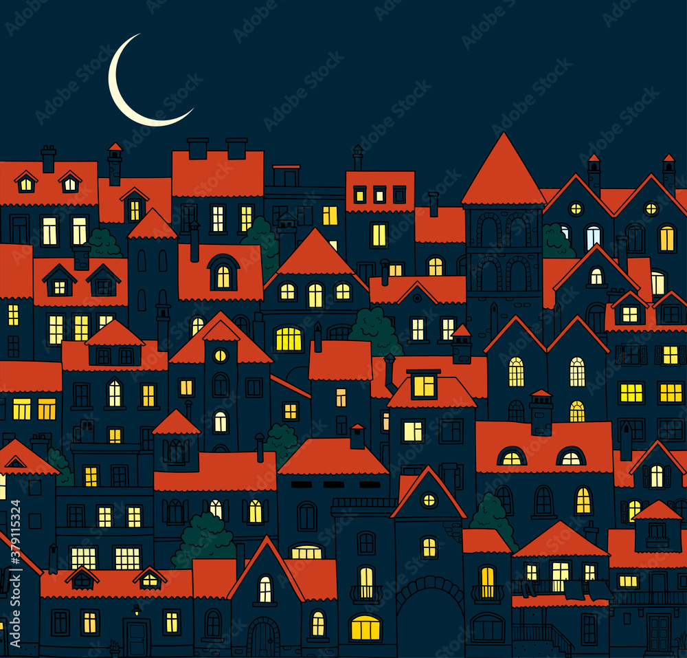 Night in the old european town. City landscape. Vector illustration.
