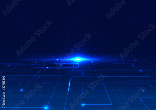 Abstract technology digital concept blue line perspective with glow light on dark background