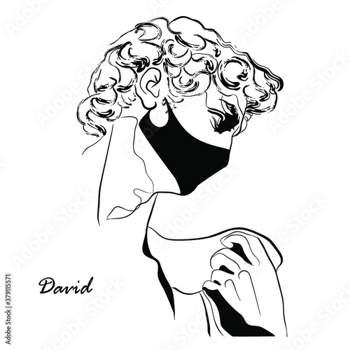 
Trendy vector print with head of statue of David in face mask. Drawing of modern linear sketch of god profile portrait on white background. Sculpture of an ancient classical Greek god. 