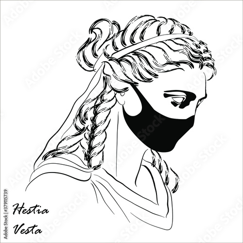 Trendy vector print with Vesta statue head wearing face mask. Drawing of modern linear sketch of goddess profile portrait on white background. Sculpture of an ancient classical Greek god. 