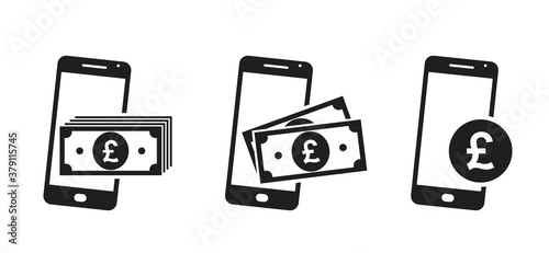 mobile phone money icon set. british pound sterling banknotes and coin on smartphone