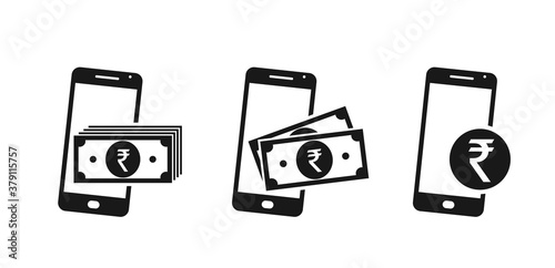 mobile phone money icon set. indian rupee banknotes and coin on smartphone