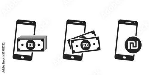 mobile phone money icon set. israeli sheqel banknotes and coin on smartphone