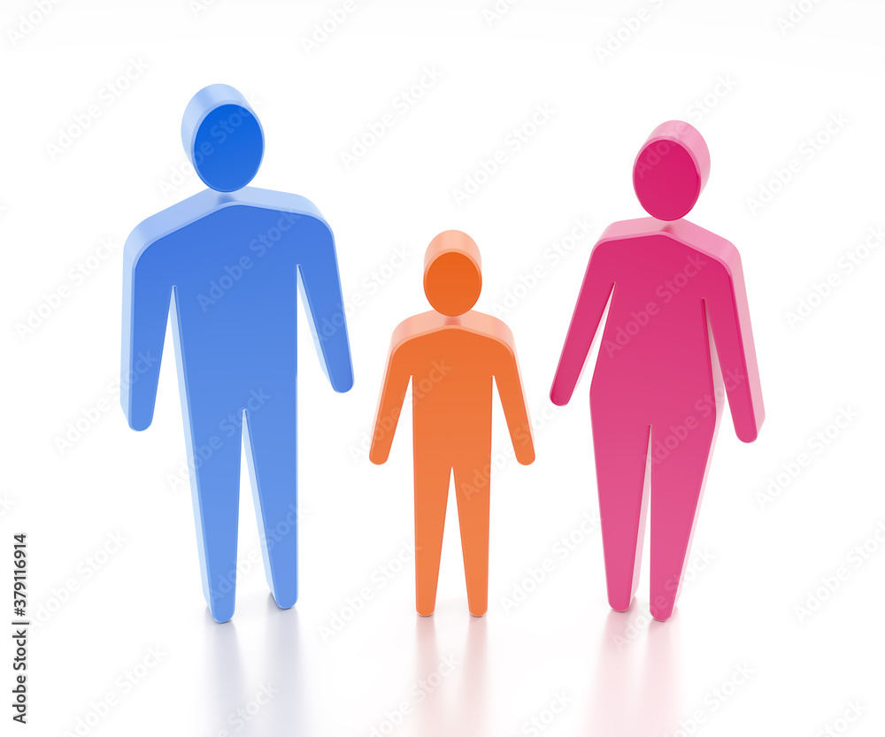 The Cell of a Society. Three varicoloured human figures of family members, which are an adult male, a child and an adult female. 3D-rendering graphics on reflective white background. The Cell of a Society. Three varicoloured human figures of family members, which are an adult male, a child and an adult female. 3D-rendering graphics on reflective white background.