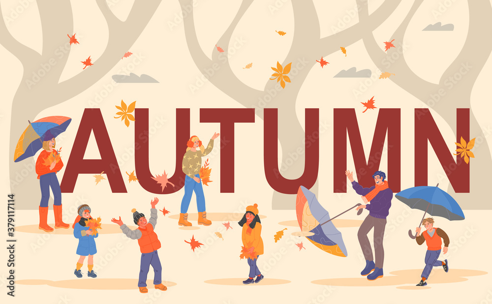 Obraz premium Autumn season background with adults and children people characters, happy with the start of the fall season. Warmly dressed people welcome the coming of autumn, cartoon flat vector illustration.