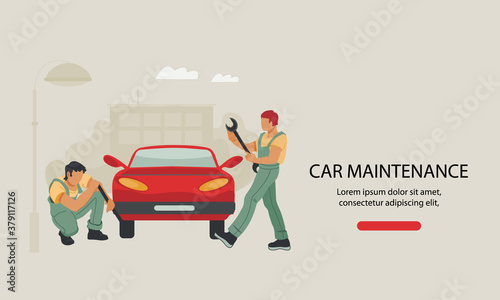 Car repair service center website template with repairman performing car maintenance, flat vector illustration. Interface of landing page or site page for a car workshop.