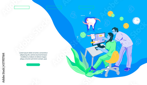 Dentistry and stomatology services website banner template with dentists modeling dental treatment process, flat vector illustration. Landing page for dental care and transplant or implant of teeth.