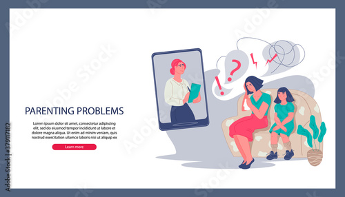 Children psychologist online session with child and parent flat vector illustration. Psychotherapy family consultation on topic of childrens behavior and upbringing problems, communication with child.