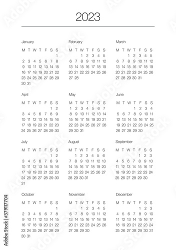 A5 format. Organizer and bullet journal printable page. Perfect minimalist calendar. 2023 year. Week starts at Monday. European English Gregorian calendar. Planner sticker. Stationery. Vector.