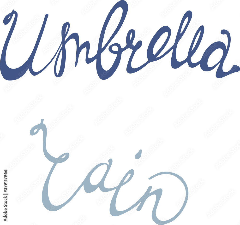 Obraz premium lettering umbrella,rain in blue on a white background,vector illustration