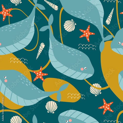 Fotografía Whales, sea stars, hand drawn seamless pattern