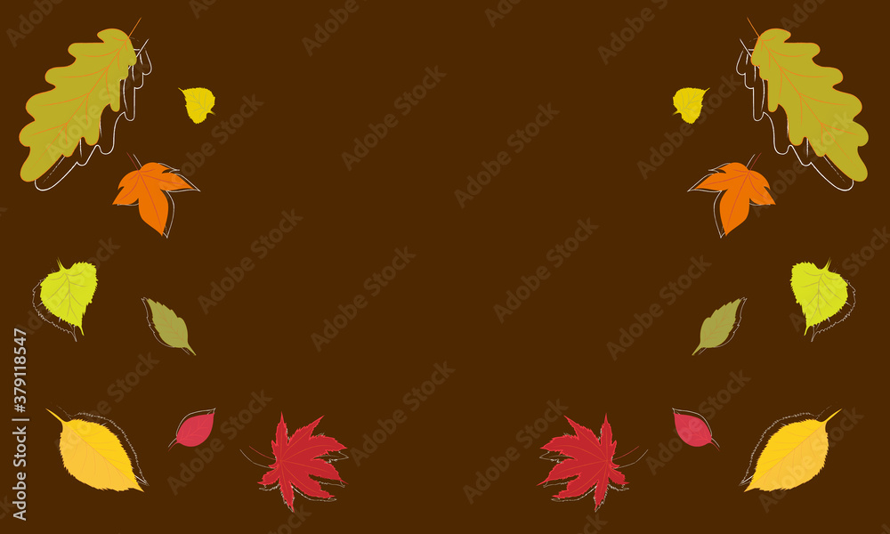 Autumn leaves on brown background banner with place for text in the middle