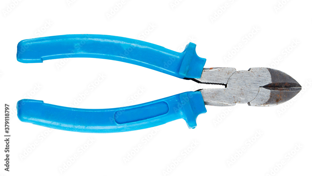 Wire cutter pliers with blue handles isolated on white background. Wire cutter pliers with blue handles isolated on white background.
