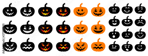 Happy halloween party Pumpkin face. Funny flat vector signs. 31 october fest, horror. Pumpkins icons. Emotion smiley, smile, emoji emoticons faces. Creepy, Fly bat pictogram.