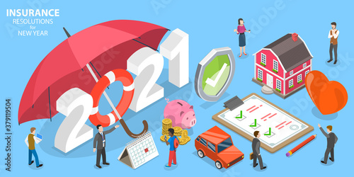 Insurance Resolutions for New 2021 Year, Family Health Insurance Plans. 3D Isometric Flat Vector Conceptual Illustration.