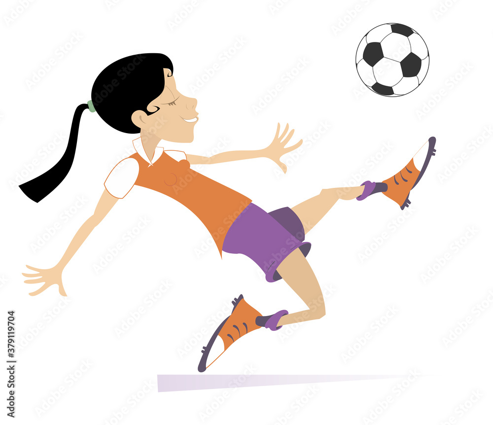 Smiling young woman playing football isolated illustration. Cartoon running football player woman beats a ball isolated on white illustration
Smiling young woman playing football isolated illustration. Cartoon running football player woman beats a ball isolated on white illustration