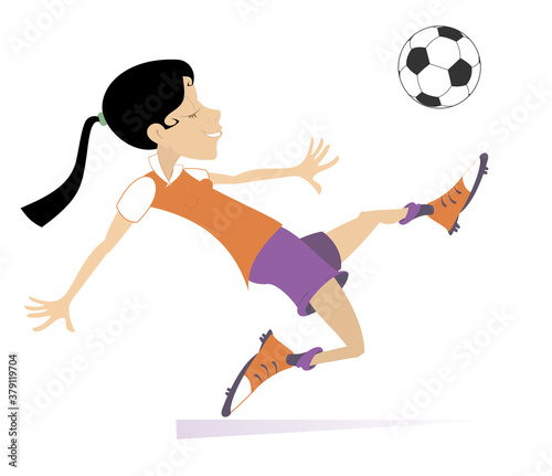 Smiling young woman playing football isolated illustration. Cartoon running football player woman beats a ball isolated on white illustration  © bigmen