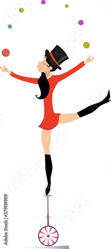 Equilibrist woman on the unicycle juggles balls illustration. Sexy young woman in the top hat balances on the unicycle and juggles the balls isolated on white
