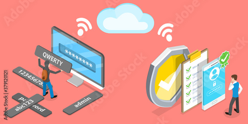 Strong Password Requirements and Cybersecurity. Hacker is Intending to Break into Account Using One of the Weak Password like QWERTY, 123456, ADMIN. 3D Isometric Flat Vector Conceptual Illustration.