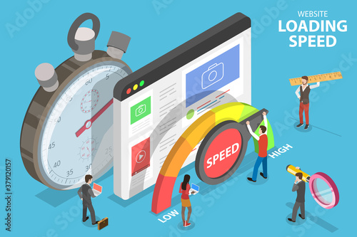 Website Loading Optimization, Page Speed and SEO. 3D Isometric Flat Vector Conceptual Illustration.