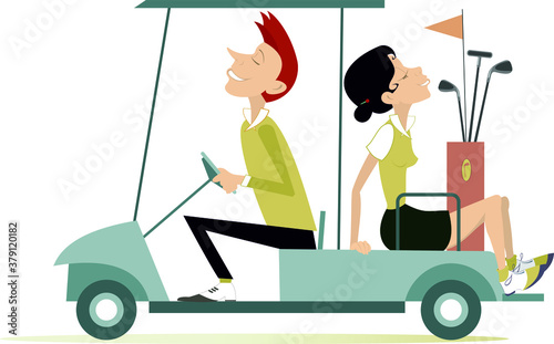 Man and woman ride on the golf cart car illustration. Smiling man and pretty young woman is going to play golf in the golf cart car isolated on white
