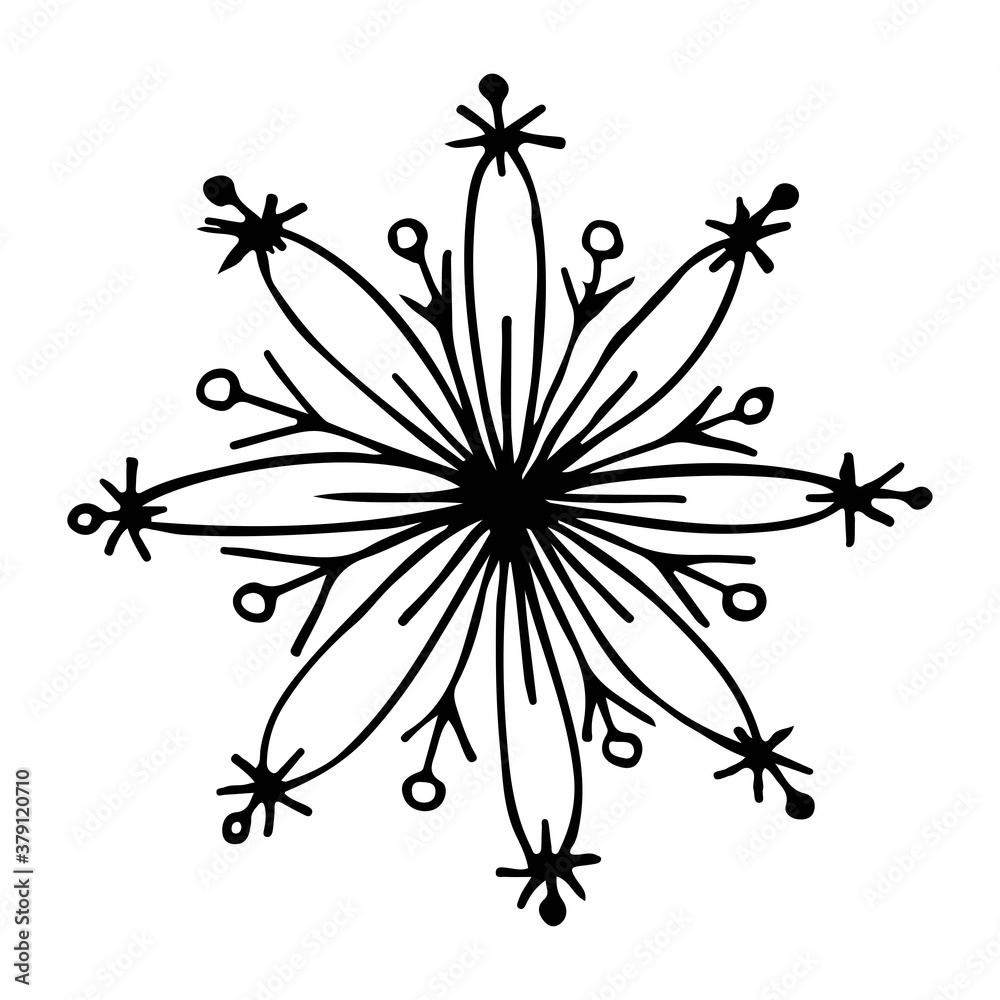 An interesting snowflake with a beautiful pattern.  Black outline drawing on a white background.  Doodle style.