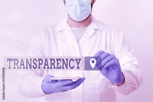 Handwriting text Transparency. Conceptual photo something transparent especially a picture viewed by light Laboratory Technician Featuring Empty Sticker Paper Accessories Smartphone photo