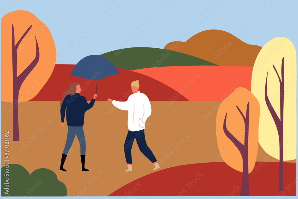 
Cartoon guy and girl with umbrella outdoors in the park, great design for any purpose. Autumn background. Vector illustration in a flat style. The relationship of a guy and a girl. family on a walk.