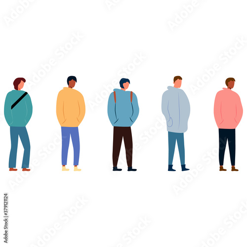 Modern hipster portrait of young multiracial guys. Lifestyle, street fashion. Cartoon vector in flat style. Modern educational technologies. Attractive guy model. international friends, students