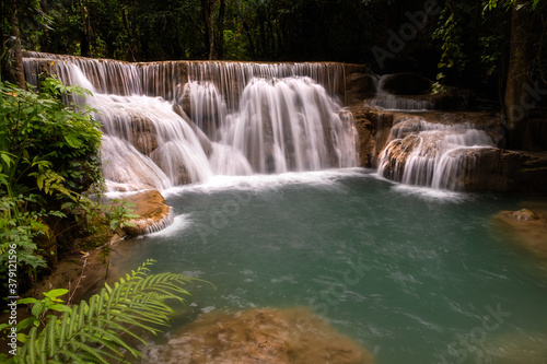 Huai Mae Khamin Waterfall   Landscape tropical rainforest at Srinakarin Dam  Kanchanaburi  Thailand.Huai Mae Khamin Waterfall is the most beautiful waterfall in Thailand. Unseen Thailand