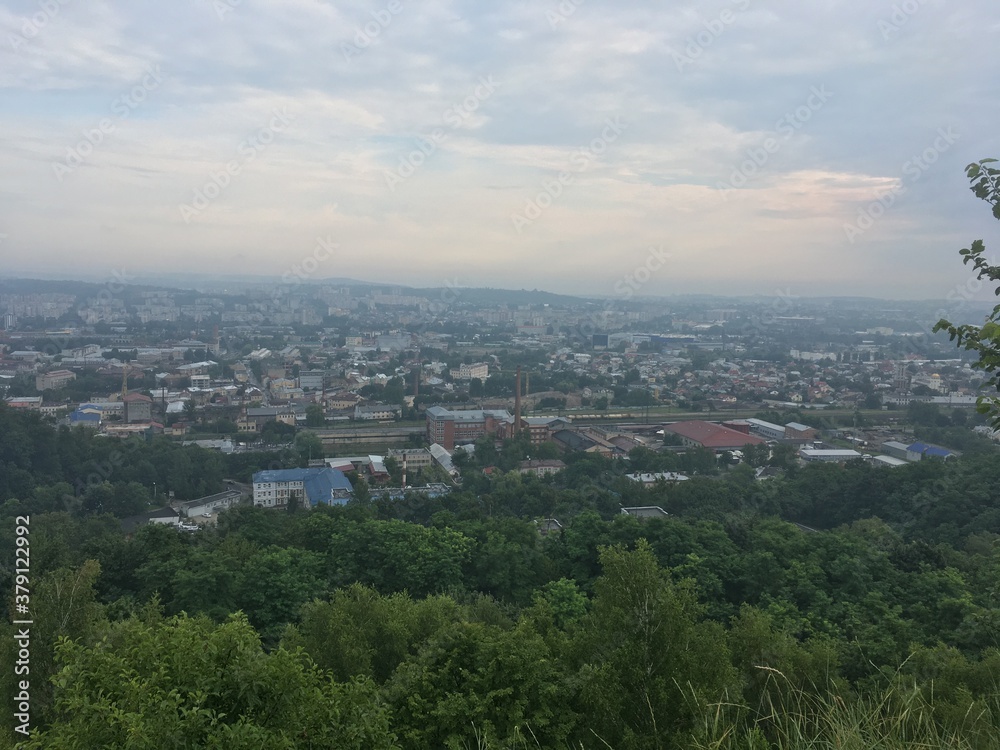 City panorama of Lviv in Ukraine on cloudy summer  day