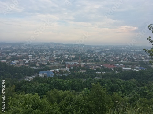 City panorama of Lviv in Ukraine on cloudy summer day