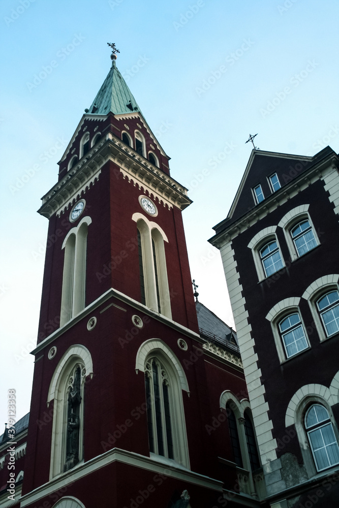 Saint Anthony Catholic Church, also called Crkva svetog Ante Padovanskog with its iconic red clock tower, in the city center of Sarajevo, Bosnia. It is a major croatian catholic church Saint Anthony Catholic Church, also called Crkva svetog Ante Padovanskog with its iconic red clock tower, in the city center of Sarajevo, Bosnia. It is a major croatian catholic church