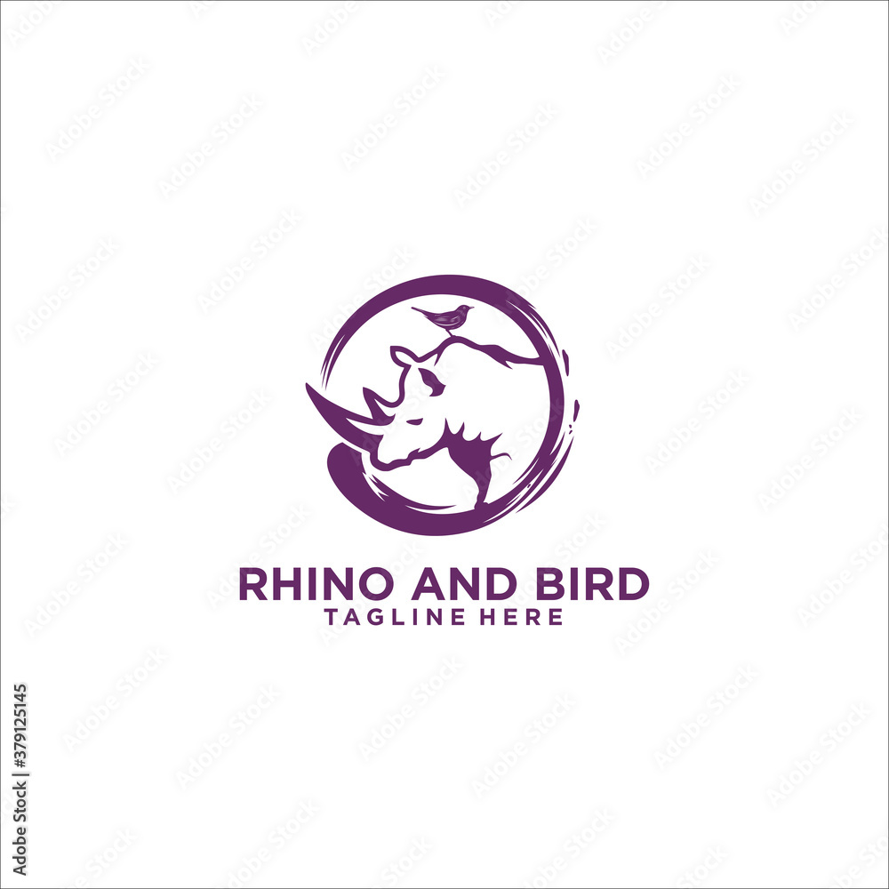 rhino and bird logo design silhouette icon vector