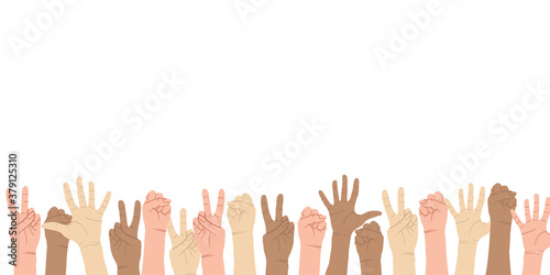 Colorful up hands set with different gestures. Different but equal and diversity skins hands up, multiethnic community. Vector border in flat cartoons style. Horizontal background with place for text.