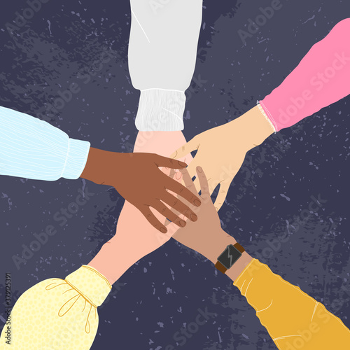 Hands of multiethnic people making unity, togetherness, support and solidarity gesture. Flat vector cartoons design. Concept of community, support, partnership, teamwork, friendship and cooperation.