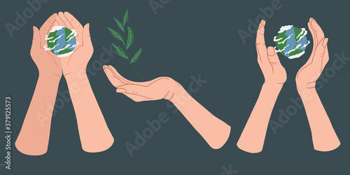 Set of hands holding Globe earth on blue background. Set with hands for Earth day. Vector ecology concept for social poster, banner or card on the theme of saving the planet in flat style.