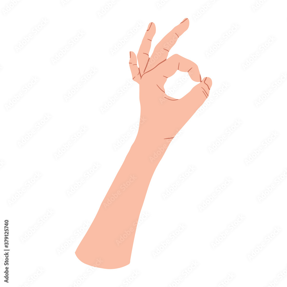 Hand gesture OK symbol. Vector flat design in cartoon style. Isolated on white background.