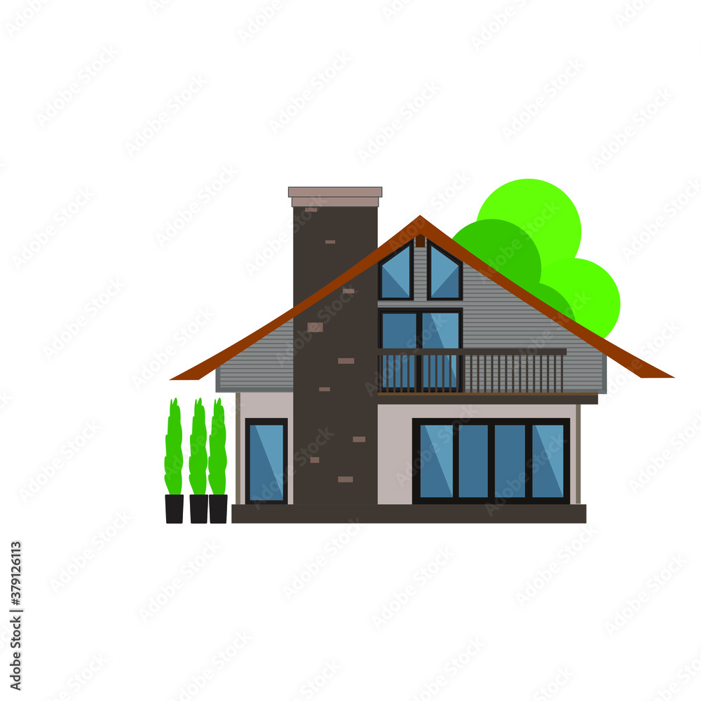 Exterior of the house, vector illustration of a front view with a roof. Modern. House townhouse apartment. Facade of the house with doors and Windows.
