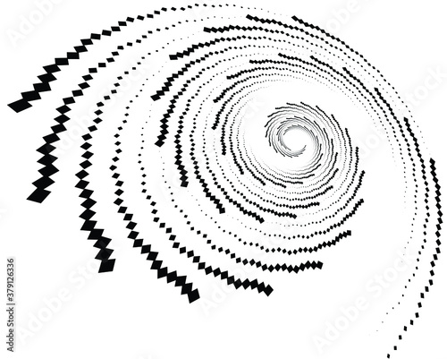 Dotted, dots, speckles abstract concentric circle. Spiral, swirl, twirl element.Circular and radial lines volute, helix.Segmented circle with rotation.Radiating arc lines.Cochlear